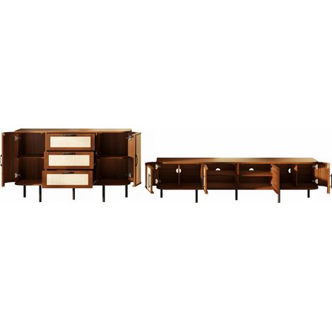 Ensemble de salon en MDF finition noyer, meuble TV et sideboard assortis à façades tressées, poignées noires et pieds en métal, livré en 4 colis (1/5)