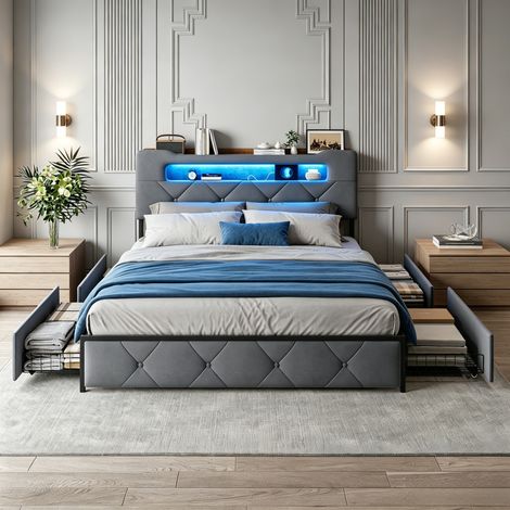 JOOKGBD-Polsterbett 160x200 cm,Doppelbett,Stauraumbett mit 4 Schubladen und Lattenrost, Staufach-Kopfteil mit USB-Ladestation, Jugendbett Funktionsbett,Samt,Grau