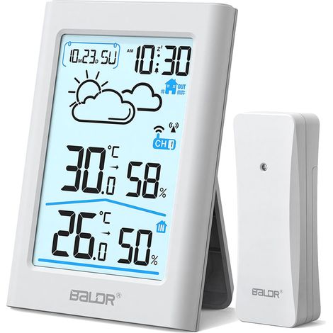 Drahtlose Wetterstation mit Außensensor, DCF-Digitalfunkuhr, Innen- und Außenthermometer-Hygrometer, für Wettervorhersage, 3,7-Zoll-Display, Creme