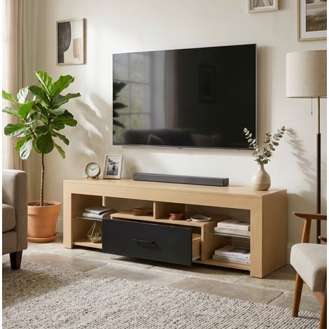 Mueble TV hasta 65 pulgadas, 140 x 40 cm, estantes de cristal regulables, roble DESVIAE (1/5)