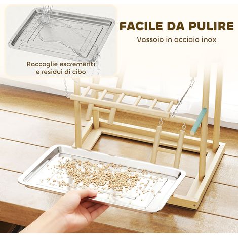 Perchoir pour perroquet avec jouets, échelles, chaînes, gamelles, plateau amovible et perchoirs, en bois naturel (1/5)