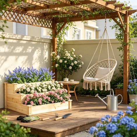 Conception d'escalier 3 étages + potager surélevé en bois – jardin, balcon, terrasse – facile à monter, robuste et esthétique (1/4)