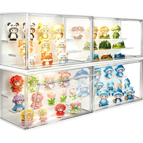 Lot de 4 Vitrines Acrylique LED 3 Niveaux–Porte Aimantée Anti-Poussière, Gradin Amovible, Empilable, Parois Réfléchissantes Transparentes – pour Collections de Figurines et Lego–Dimensions 36×22×18 cm (1/5)