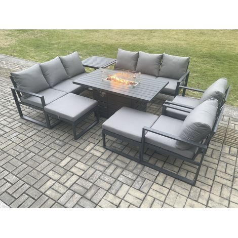 Fimous Aluminium Outdoor Garden Furniture Set Patio Lounge Sofa Gas Fire Pit Dining Table Set with Side Table 2 Big Footstools Dark Grey (1/5)