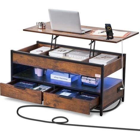 Table basse avec plateau relevable, 1000 mm, table basse de salon rectangulaire avec poche de rangement supplémentaire, table basse escamotable avec multiprise, USB, éclairage d'ambiance, marron (1/5)