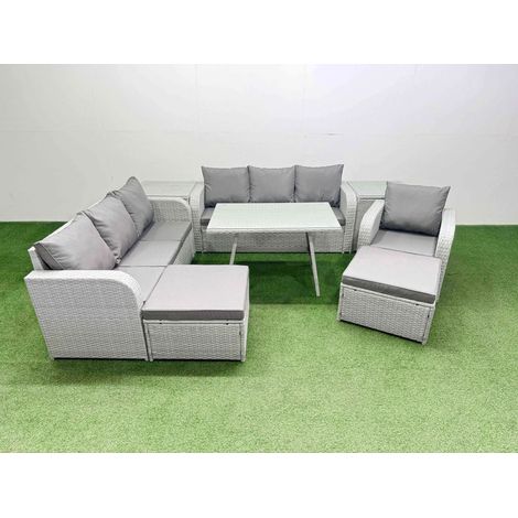 Fimous 8 Pieces Outdoor PE Rattan Garden Furniture with Cushions Reclining Chair 2 Side Tables 2 Big Stools Light Grey (1/4)