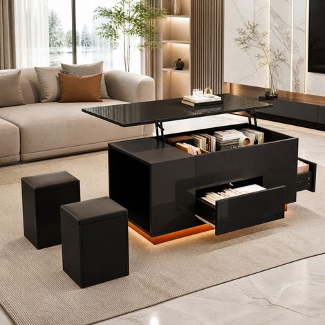Mesa de centro elevable 100 x 50 x 45 cm con LED, 2 cajones, 2 taburetes, negro DESVIAE (1/5)