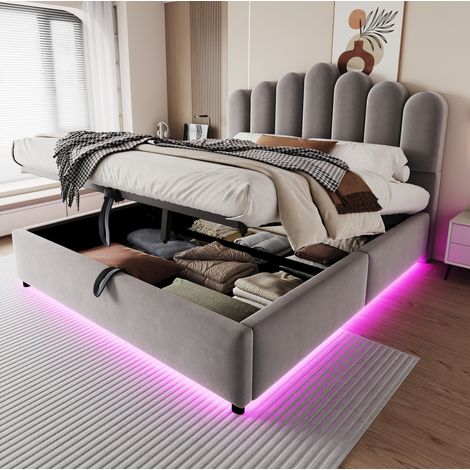 Letto imbottito 140 x 200 cm grigio in velluto con contenitore, LED e rete a doghe (1/5)