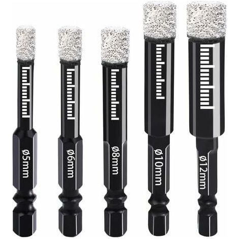Punte diamantate da trapano da 5 mm, 6 mm, 8 mm, 10 mm, 12 mm con attacco esagonale per ceramica, granito, vetro, porcellana, piastrelle, smerigliatrici angolari e trapani manuali. (1/4)