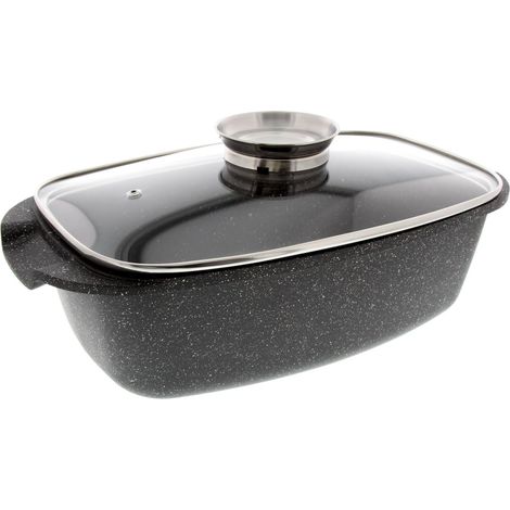 Plat à Four en Fonte d'Aluminium 36,5x23x6,6cm Couvercle Verre Revêtement Anti-Adhésif Façon Pierre Tout Feu Noir (1/5)