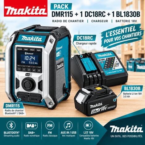 Baustellenradio 12 bis 18V Li-Ion DAB/DAB+ (Einzelgerät) - MAKITA DMR115+BL1830B+DC18RC