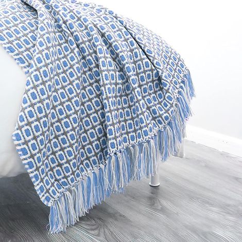 Couverture tricotée à pompons – Imprimé pied-de-poule bohème – Chaude, douce et stylée – Couverture de canapé / Couvre-lit déco – 130x170 cm (1/5)
