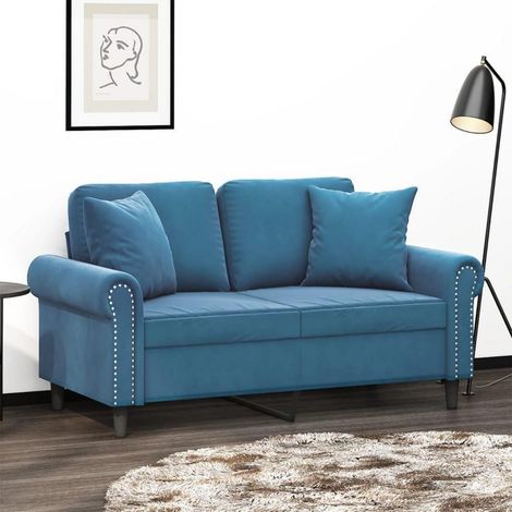 2-Sitzer Sofa Samt Blau 120 cm mit Zierkissen Modern Bequem (1/5)