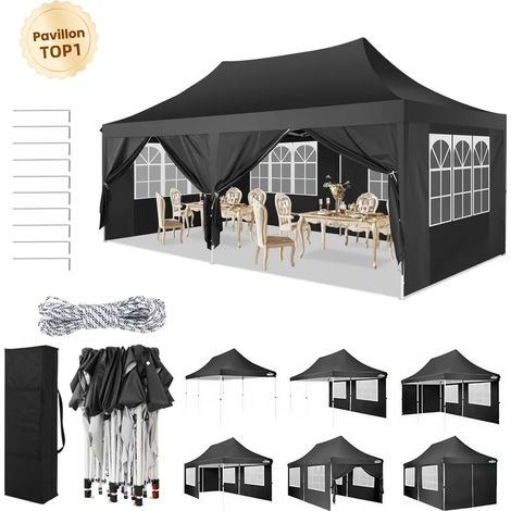 Carpa de jardín plegable 3x6M Protección UV impermeable, Barnum plegable para bodas, picnics, mercados, camping con 6 paredes laterales desmontables, Negro (1/5)
