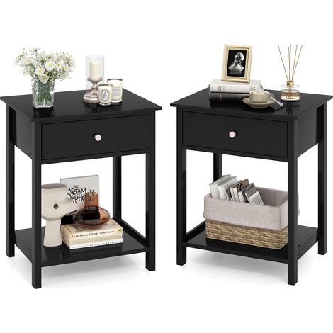 COSTWAY Comodino in Legno con Cassetto (Nero-2) (1/5)