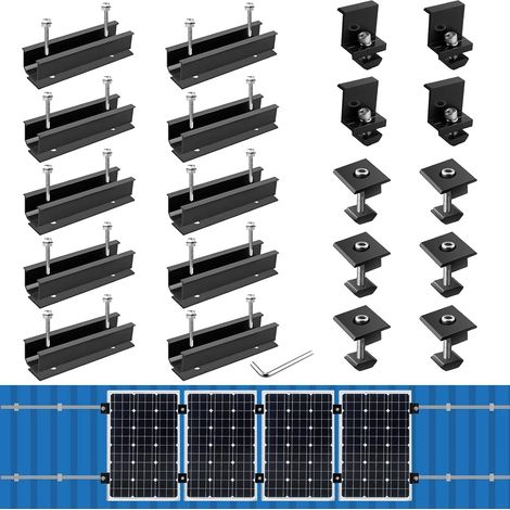 Kit de 12 Fixations pour Panneau Solaire, pour 4 Panneaux Solaires  10 Rails Courts Aluminium 120mm, 6 Pinces Centrales 40mm, 4 Pinces d’Extrémité 40mm, pour Panneau Solaire, Noir (1/5)
