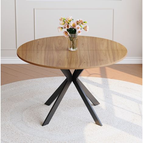 Table à manger ronde Ø110 cm noir et noyer en MDF et métal avec piètement en X (1/5)