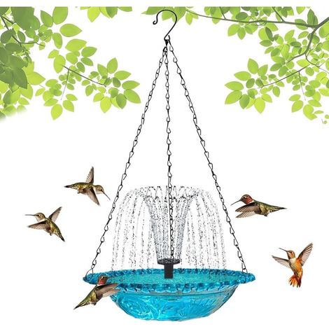 Fontaine suspendue solaire pour bains d'oiseaux Cascade - 2026 Bain d'oiseaux suspendu d'extérieur avec fontaine solaire, grandes fontaines à colibris (bleu) (1/5)