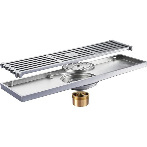 11.8 Inch Rectangular Brass Shower Floor Drain, Built-in Deodorant, Hair Catcher Strainer, Removable Grate Grate, Chrome Plated Solid Brass for Bathroom,Hotel(Brushed) (1/5)