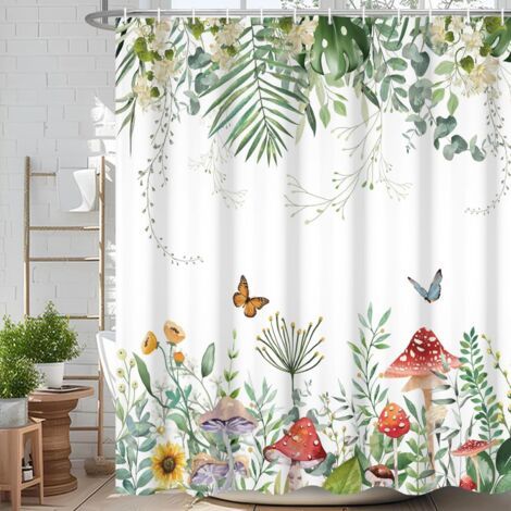 Rideau de douche décoratif, imprimé de fleurs sauvages, de papillons et de champignons, avec crochets, 200 x 180 cm. (1/5)