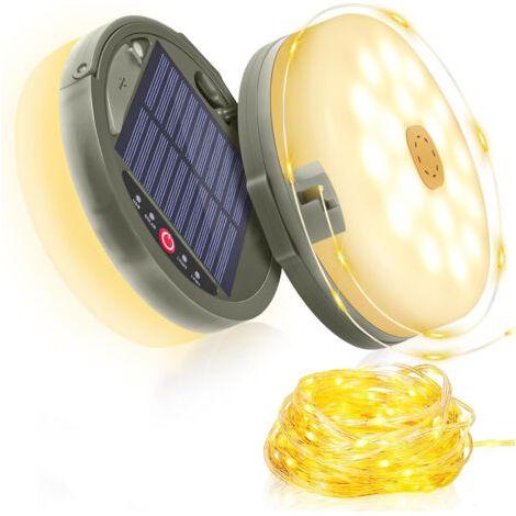 Guirlande lumineuse solaire de camping de 12 mètres aux couleurs chaudes – Lampe pliable 2 en 1, 8 modes, rechargeable par USB, étanche, idéale pour les tentes, les terrasses et les activités de plein