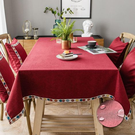Nappe Coton Nappe Rectangulaire Anti Tache pour Table Nappe Lavable Nappe Imperméable pour Les Tables Basses, Les Jardins, Decoration Table(Rouge, Carré, 140x140cm)