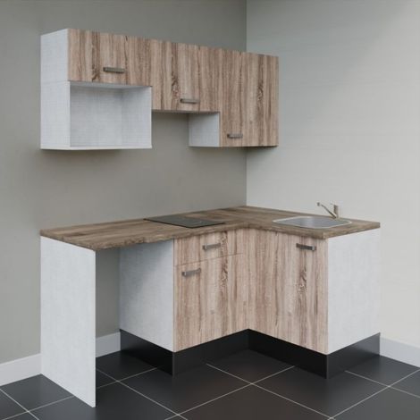 Kitchenette d'angle KA03L-PT avec plan de travail et évier - Façade Bois - Plan Bois - Evier Inox - Crédences Non