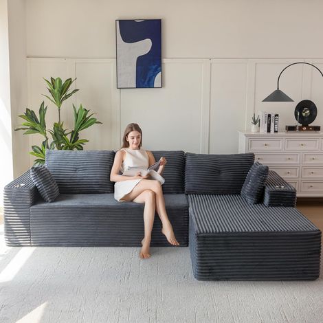 Canapé Modulable 265 cm avec Méridienne, Canapé Moderne Cloud sans Structure en Forme de L avec Pouf, Canapé d'angle Convertible, Montage Requis, Canapé en Boîte pour Le Salon (1/5)