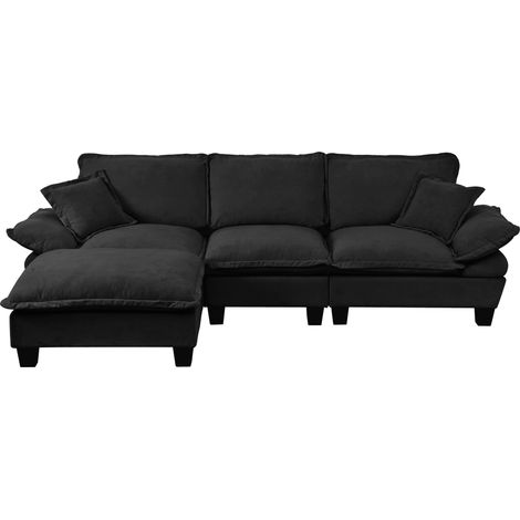 Divano angolare modulare a L in chenille nero con 1 pouf mobile e 2 cuscini (1/5)