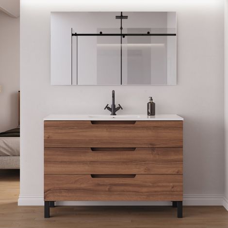 Meuble de salle de bain 120cm simple vasque - 3 tiroirs - noyer (bois foncé) - RIZA (1/5)