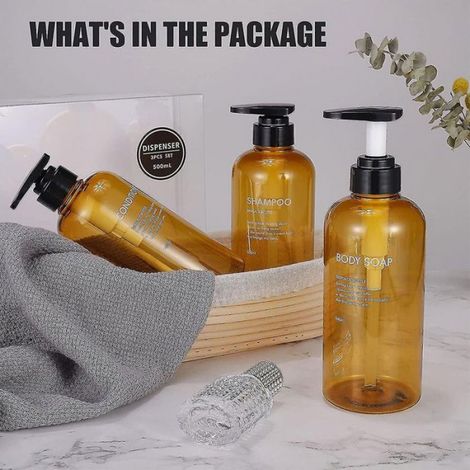 Lot de 3 bouteilles de shampoing vides de 17 oz, bouteilles à pompe en plastique jaune de 500 ml avec récipients distributeurs de (1/4)