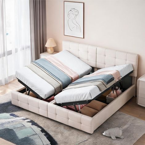 Cadre de lit beige en upholstered 203 x 180 x 105 cm (1/5)