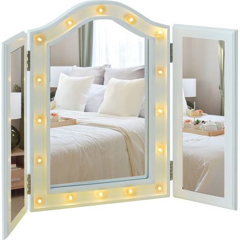 Trifold Tabletop Mirror, 73x53.5cm Makeup Mirror Large Cosmetic w/16 LED Lights Powered by Batteries, Foldable Bedroom, White (1/5)