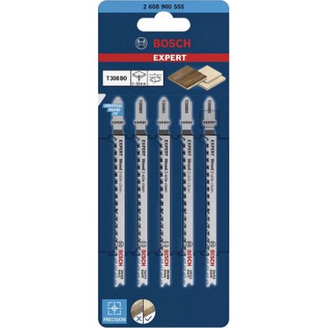 Bosch – Stichsägeblatt T 308 BO 2608900555 – 5 Stück – für Hartholz bis 50mm – ausrissfreier Schnitt – passend für T-Schaft-Stichsägen (1/5)