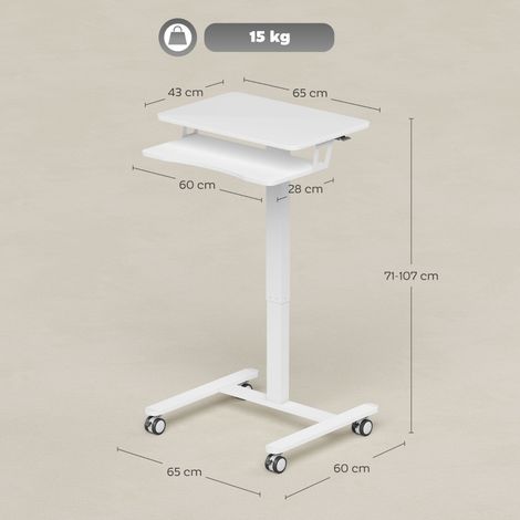 Bureau assis-debout réglable, table mobile sur roulettes avec support clavier, structure acier blanc, hauteur ajustable, idéal espace de travail. (1/5)