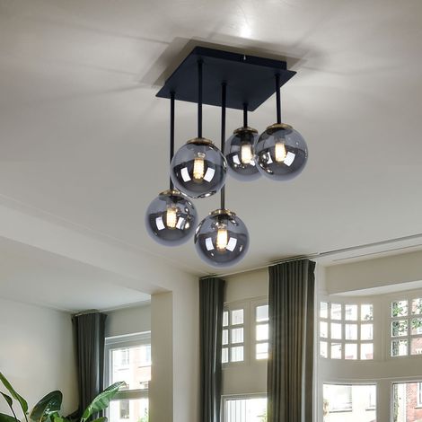 Plafonnier lampe sphérique, luminaire salon, 5 flammes, métal laiton, noir, verre fumé, 5x douilles G9, LxlxH 25,5x25,5x38 cm (1/5)
