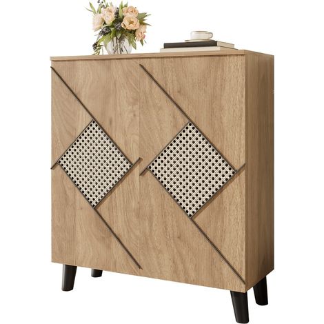 Meuble à chaussures moderne à motif rotin - Portes fermées - Rangement entrée élégant - 80x32x91cm (1/5)