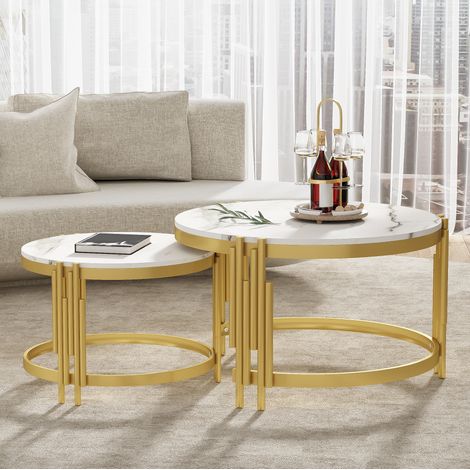 2er-Set runde Couchtische, weißer Marmorlook und goldene Metallstruktur HAVRYA (1/5)