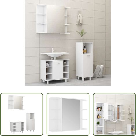 Armoire miroir - Ensemble de meubles de bain 3 pcs Blanc Bois d'ingénierie (1/5)