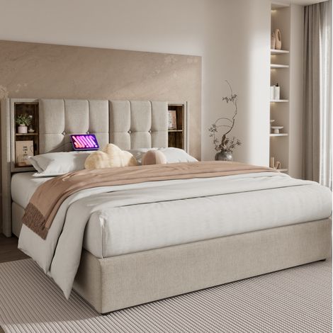 Lit coffre 180x200 USB charge sans fil lin naturel HAVRYA (1/5)
