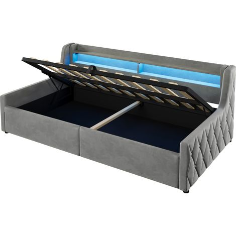 Lit simple 90x200 avec coffre de rangement hydraulique et tête de lit LED multicolore en velours gris, cadre de lit gain de place pour chambre CHICFURN (1/5)