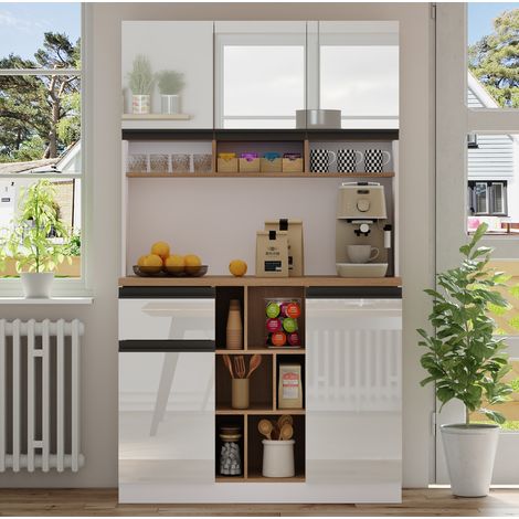Meuble de cuisine haut 105 x 45 x 185 cm, blanc, MDF, rangements et étagères réglables DESVIAE (1/5)
