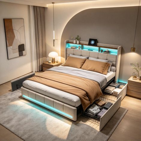 FOERPL-Doppelbett 140x190 mit 4 Schubladen und Stauraum, Bett mit Stauraum 140x190 mit LED-Beleuchtung und USB-Anschluss, Polsterbett 140x190 mit Lattenrost und Kopfteil, Bettgestell für 2 Personen