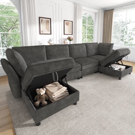 Divano angolare modulare a forma di U, 289x137x84 cm, 6-7 posti, con 2 pouf contenitore, ciniglia grigia (1/5)