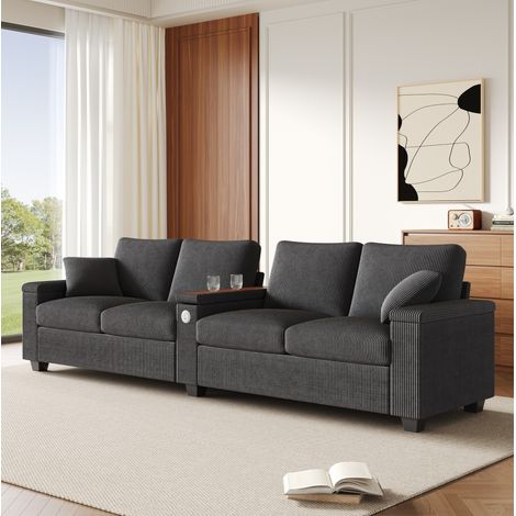 Divano 4 posti 299x80x82.7 cm grigio in velluto a coste con USB/USB-C, bracciolo centrale ribaltabile e contenitore (1/5)