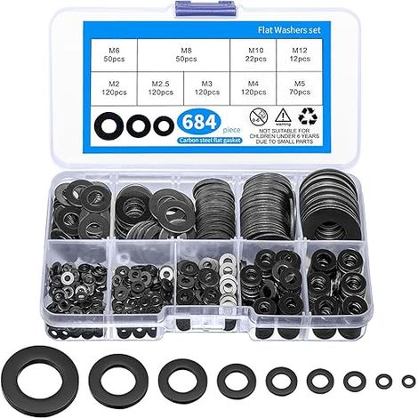 684 Pcs Metal Flat Washers, M2 M2.5 M3 M4 M5 M6 M8 M10 M12 for Door Hinges, Black Flat Metal Locking Washer, Washer Seal Plumbing Assortment Kit (1/5)