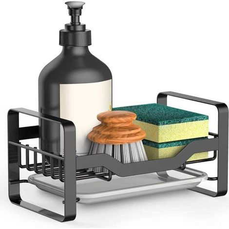 Porta spugna, dispenser di sapone e porta spazzolino per lavello da cucina, organizer da appoggio con vassoio raccogligocce rimovibile.