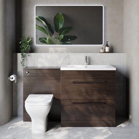Napoli 460 Cento Brown Oak 1400mm 2 Drawer Vanity Unit Toilet Suite with Glide Basin - 1400mm - Chrome 480mm HandleWith Kingston Toilet Pan and Seat