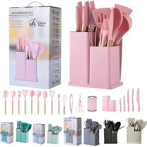 Ensemble d'ustensiles de cuisine avec support de rangement - Ensemble de 19 ustensiles de cuisine en silicone avec étagère Résistant à la chaleur, antiadhésif, sans BPA Ustensiles de cuisine ménager (1/4)