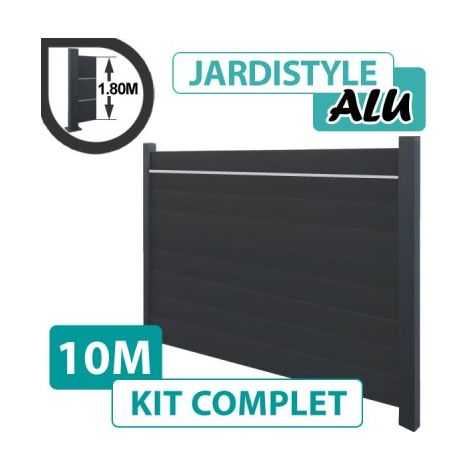 Kit Clôture Aluminium Gris Anthracite 10M - Plein avec Liseré - 1,80 mètre